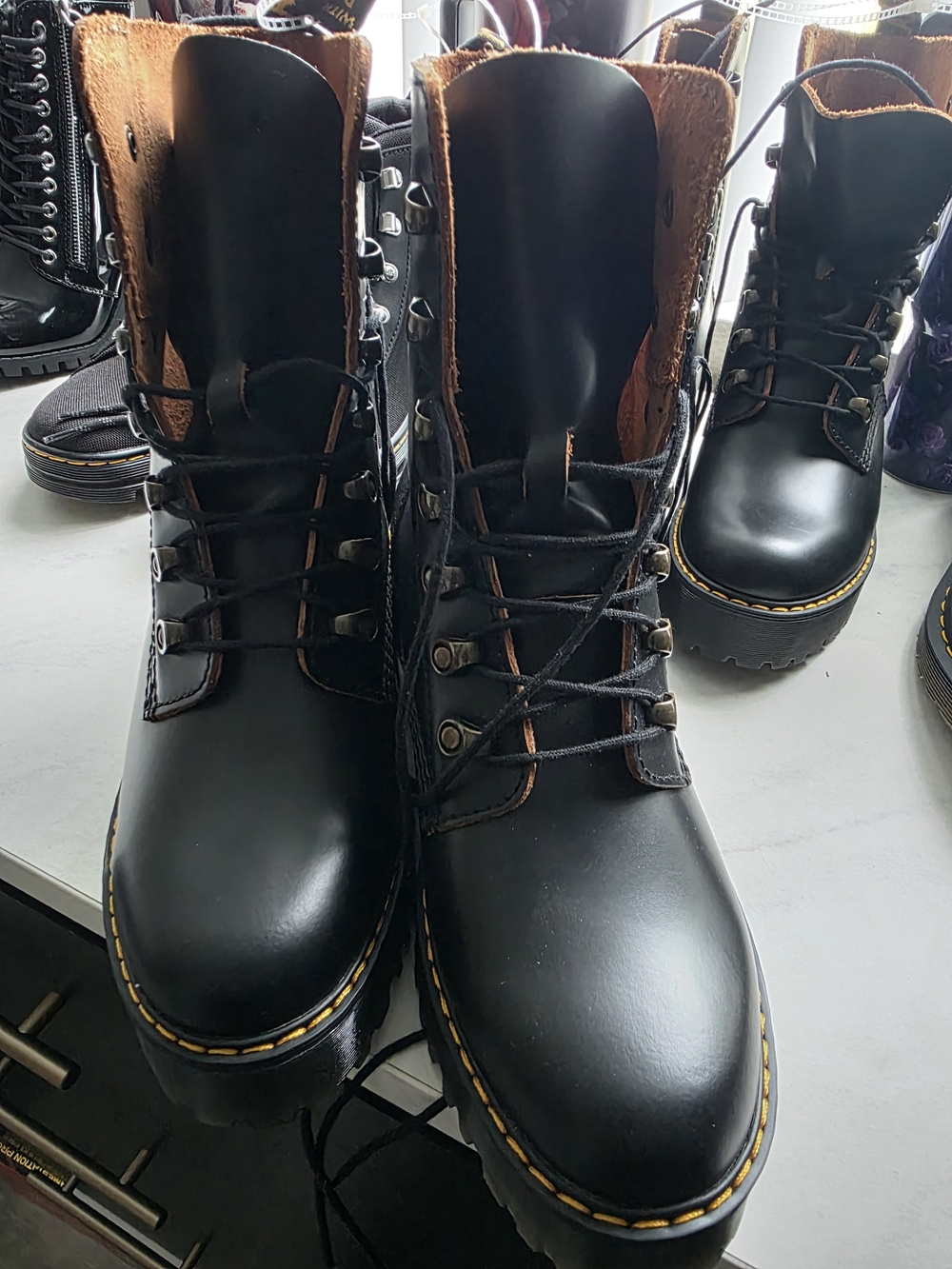 Dr. Martens Black Leather Lace-Up Platform Boots with Yellow Stitching